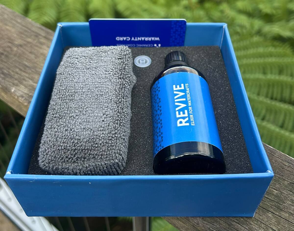 Revive elixir for watercraft kit with applicator and warranty card
